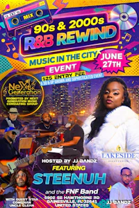 the flyer for the 90's & 2000's rb rewind music in the city event